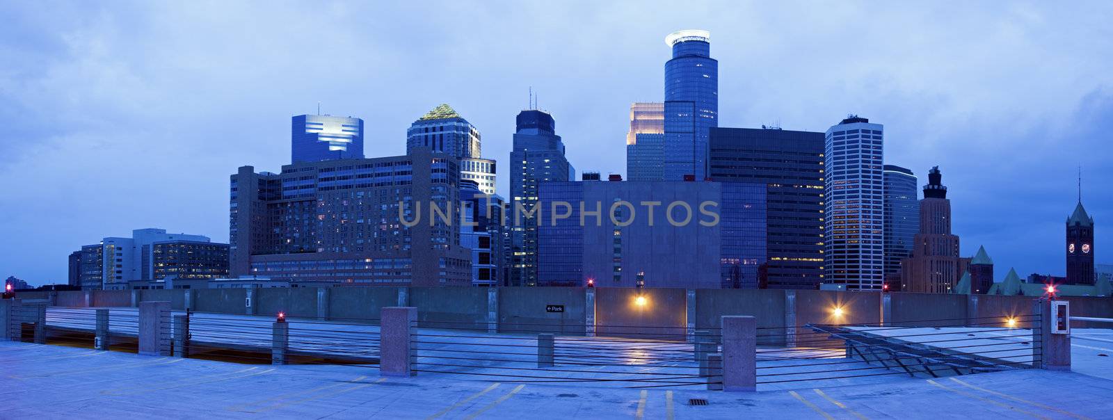 Blue panorama of Minneapolis, Minnesota.