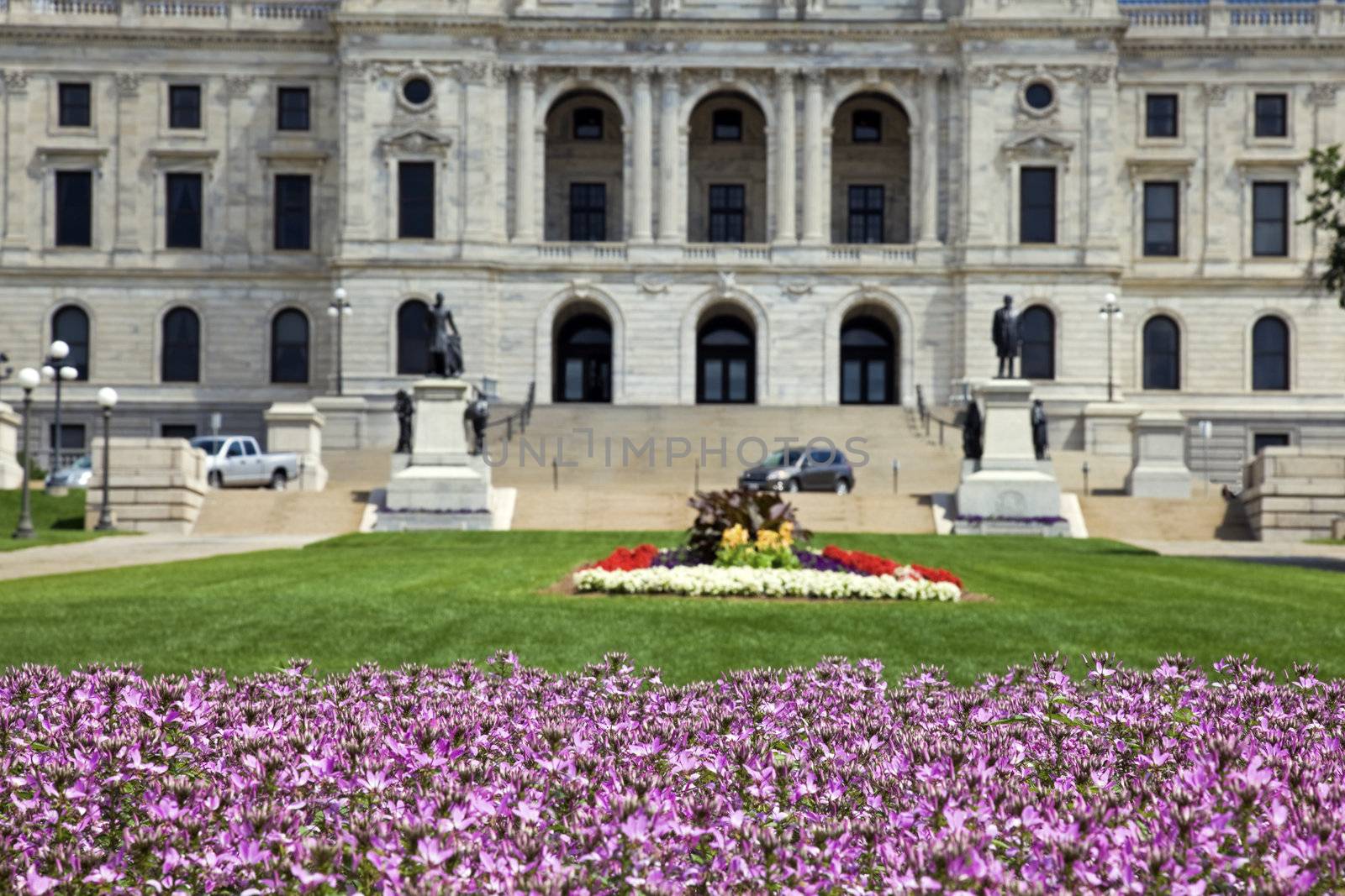 Flowers in front of State Capitol of Minnesota in St. Paul. Shallow DOF.