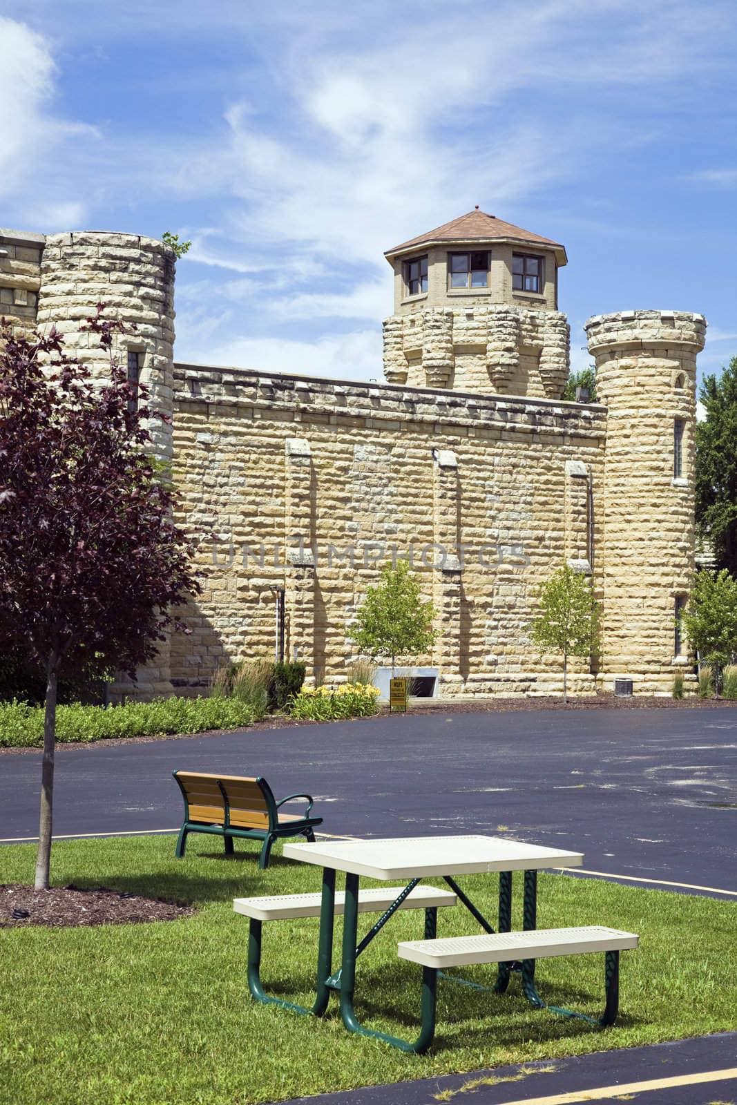 Benches in front of Historic Jail in Joliet, Illinois - suburb of Chicago.