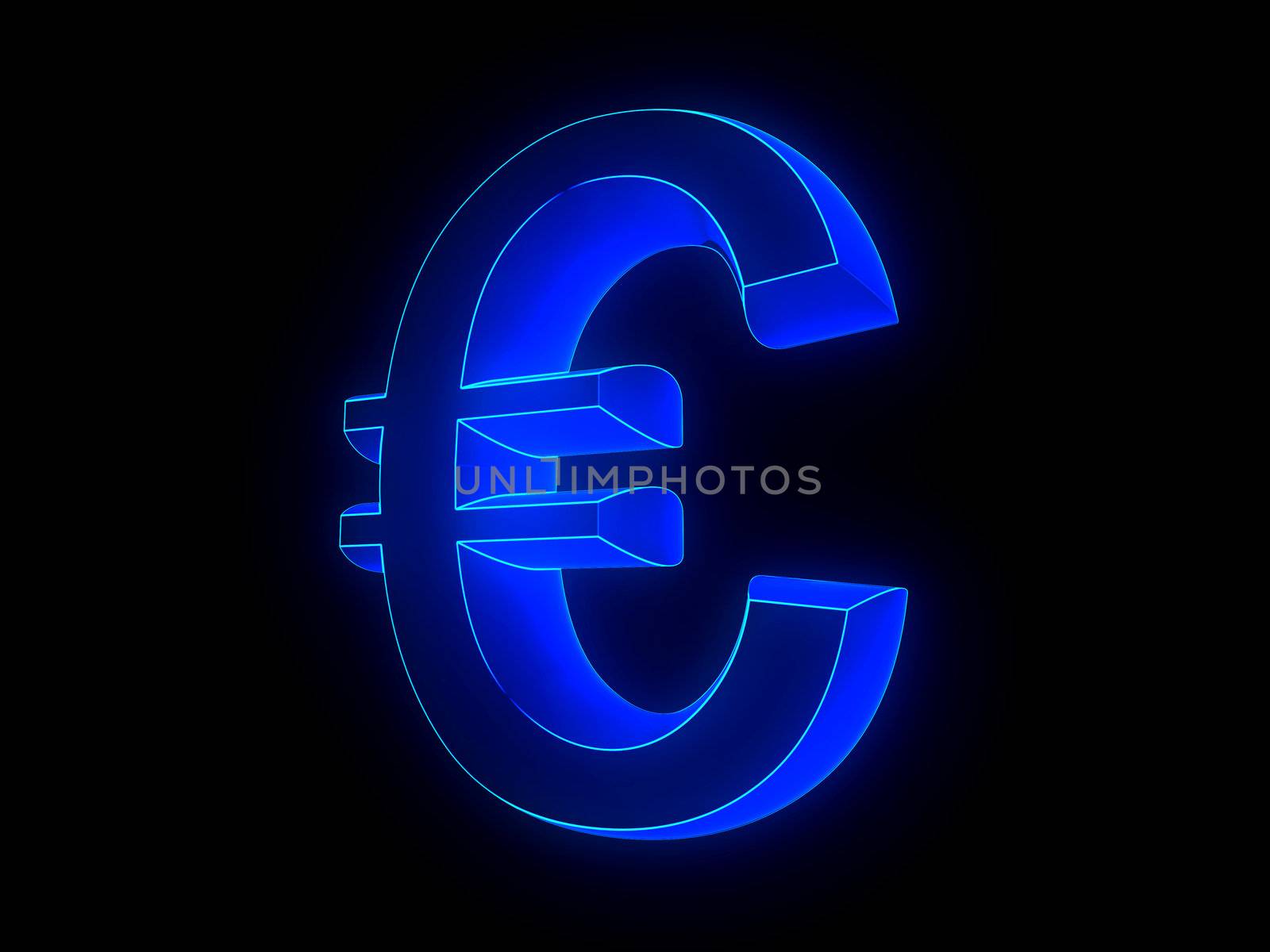 3d blue glowing euro sign over black