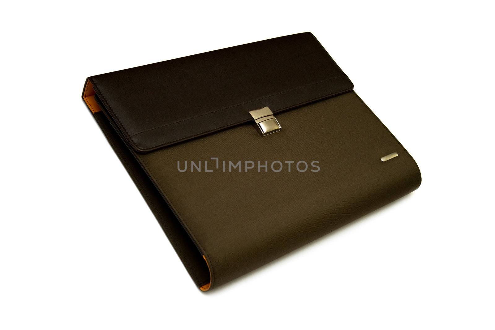 Closed brown portfolio case, isolated on white.