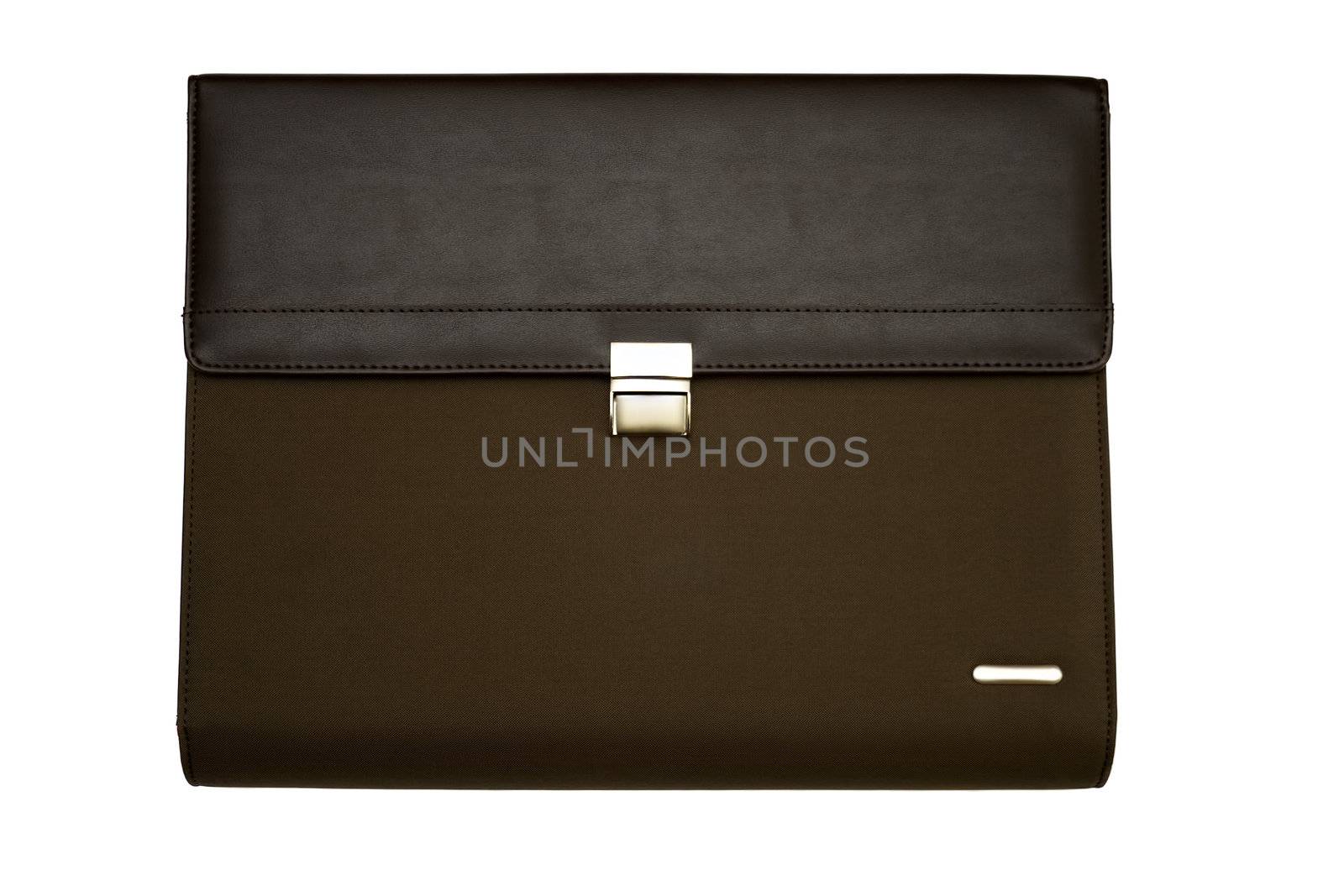 Closed brown portfolio case, isolated on white.