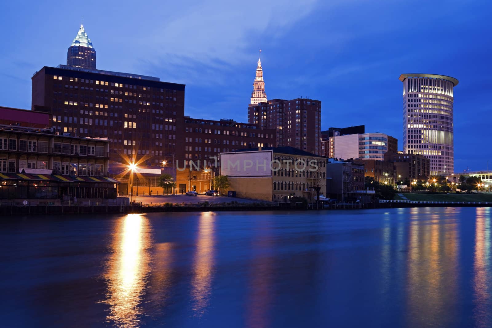 Evening by the river in downtown Cleveland, Ohio.