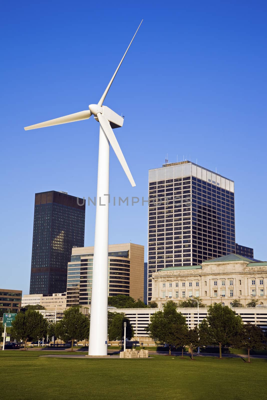 Wind turbine in downtown Cleveland, Ohio.