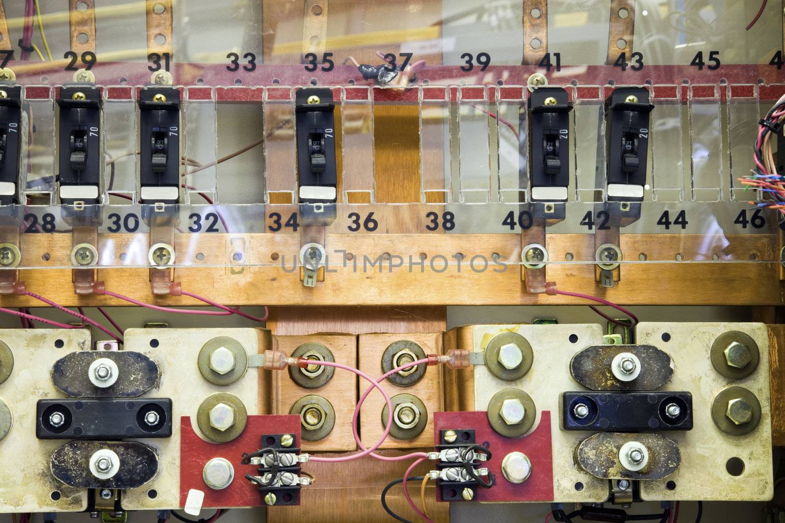 Breaker panels in power plant on cellular site.