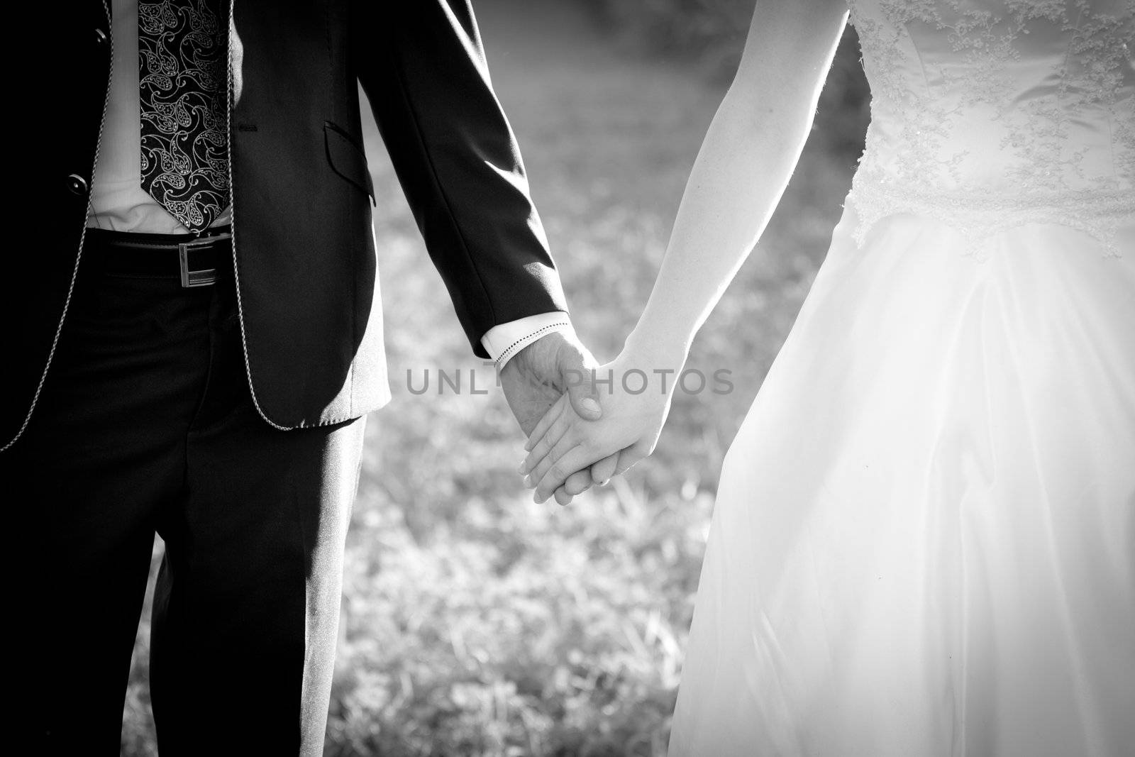 Young married couple holding hands, ceremony wedding day