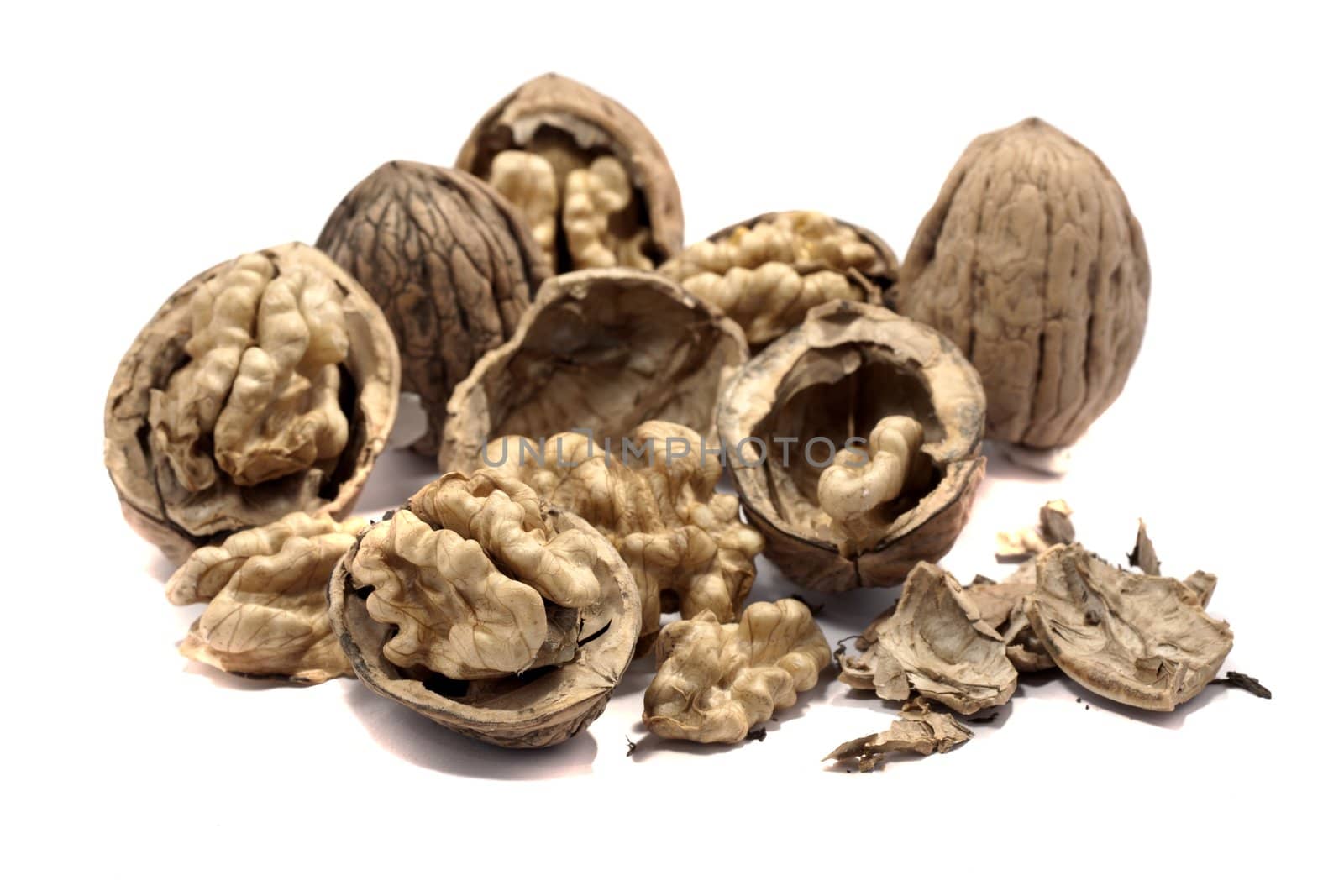 close view detail of  some walnuts  isolated on a white background.