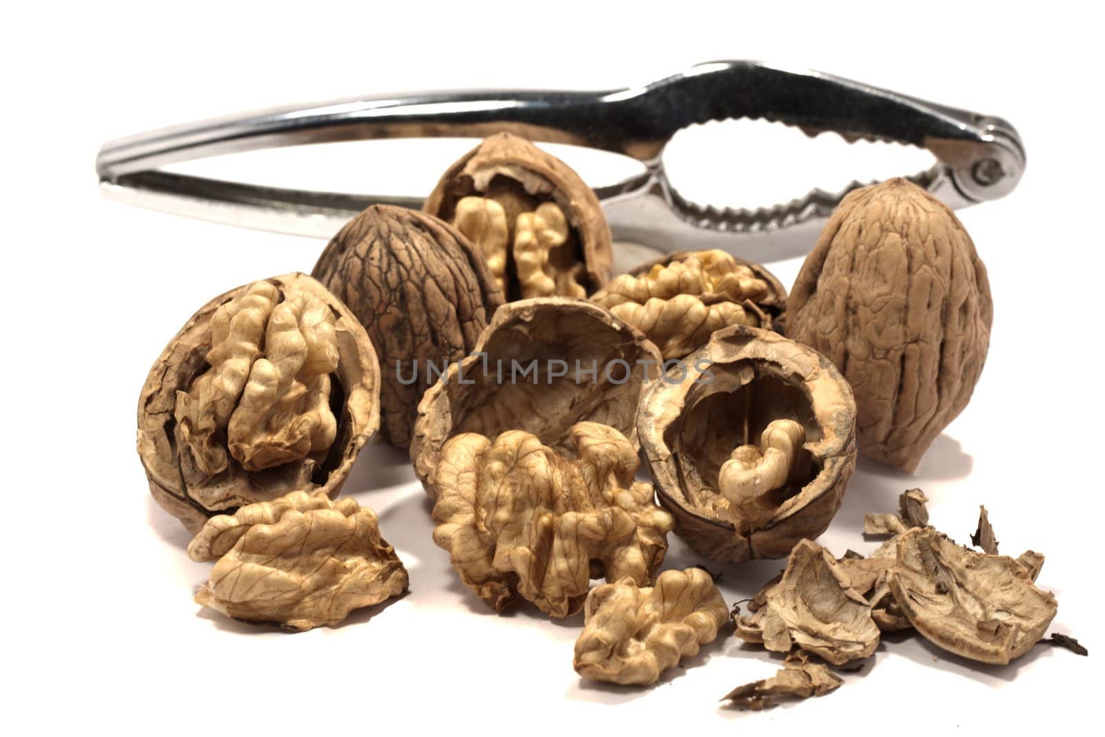 close view detail of  some walnuts  isolated on a white background.