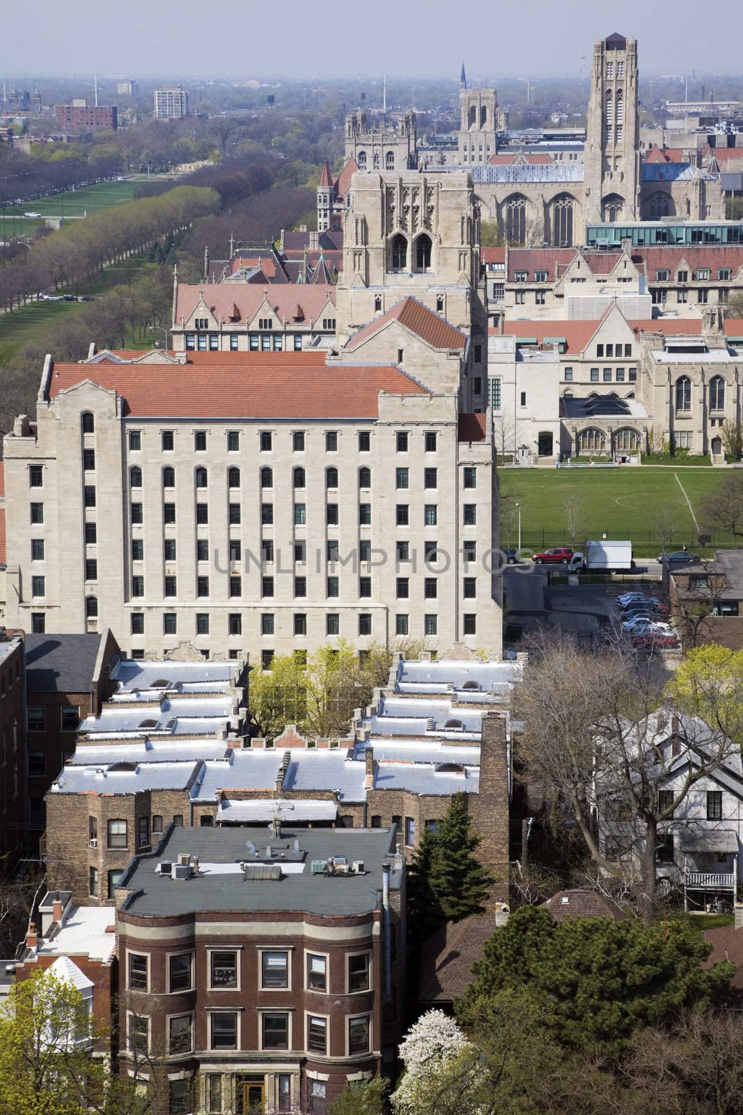 Churches in Chicago - aerial view of University of Chicago area.