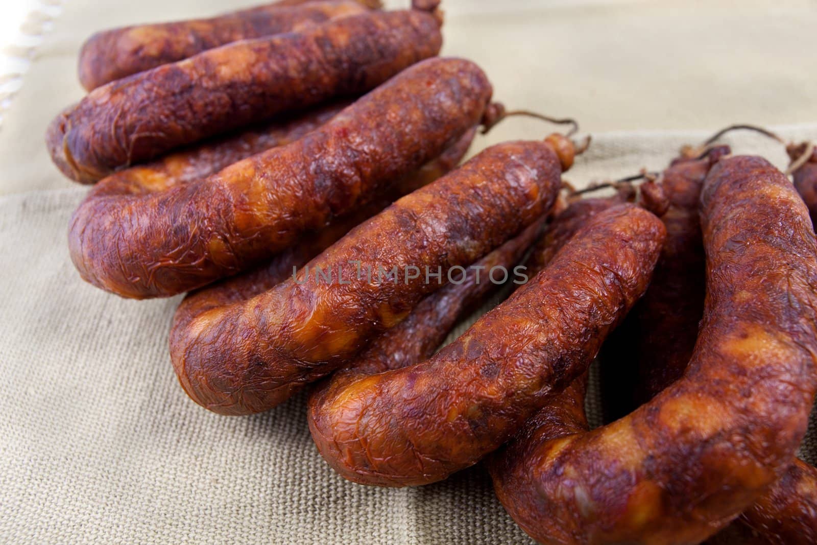 Close up view of some traditional Portuguese chorizo on a table