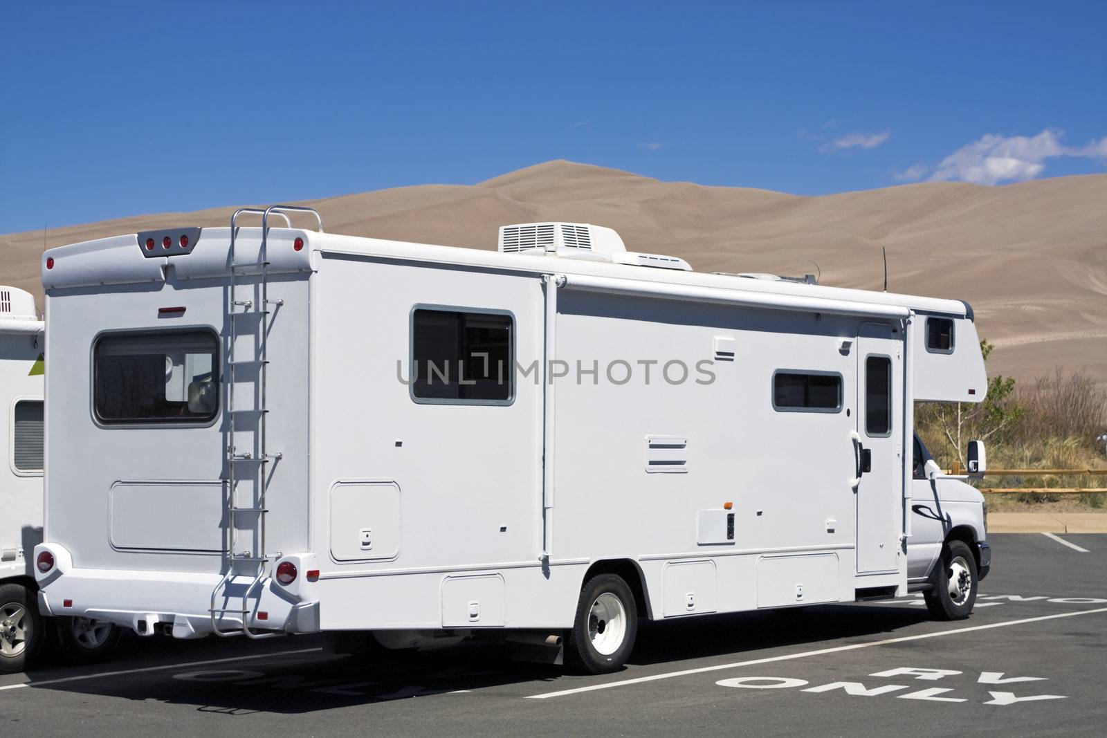 Luxury RV in Great Sand Dunes National Park in Colorado.
