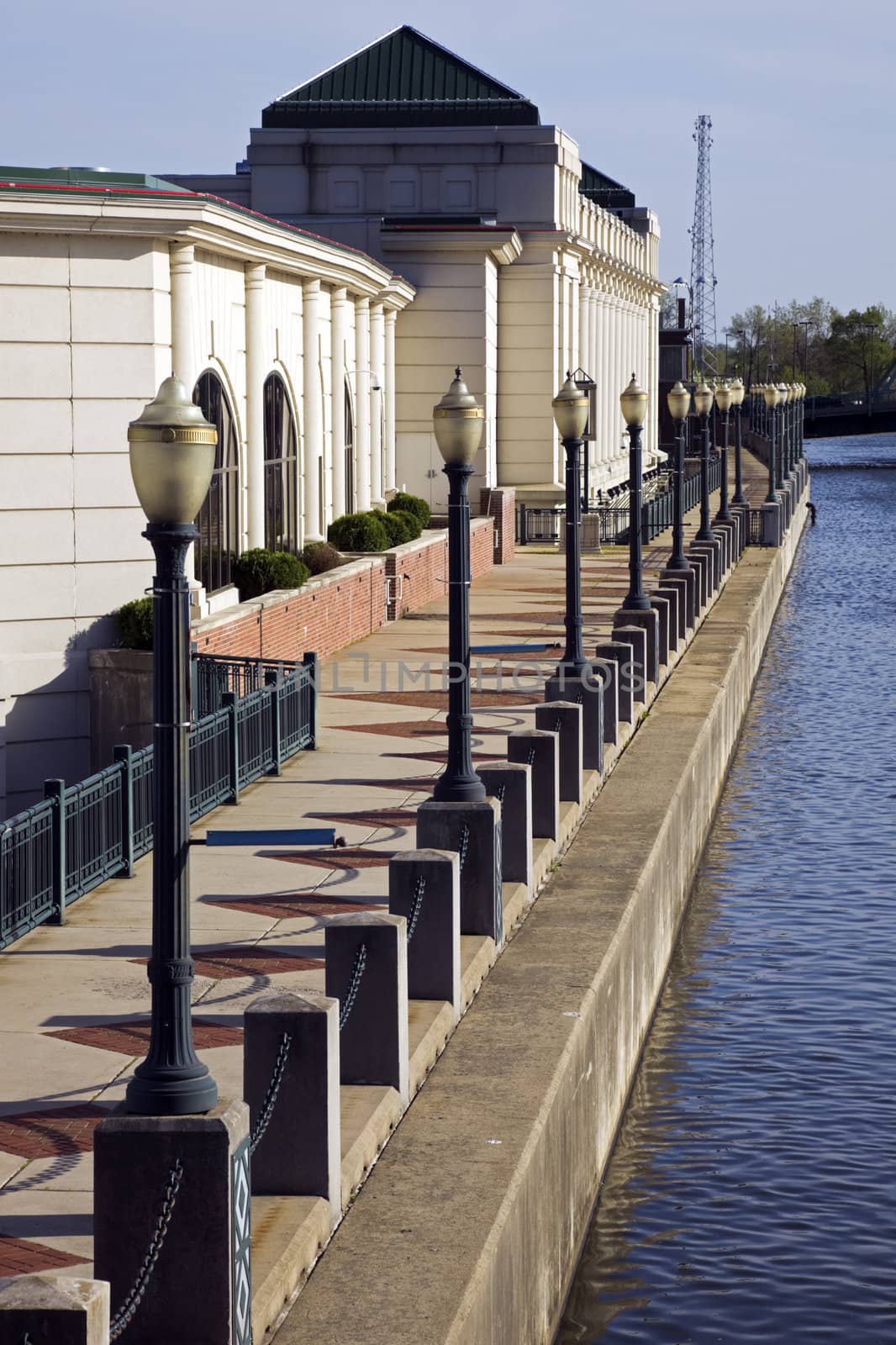 Riverwalk in downtown of Joliet, Illinois, USA.