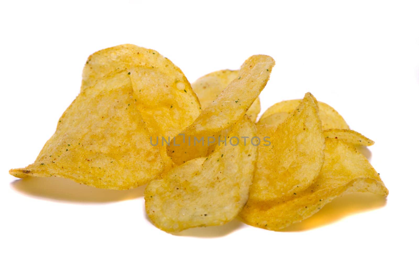 Close view of a bunch of  potato chips isolated on a white background.
