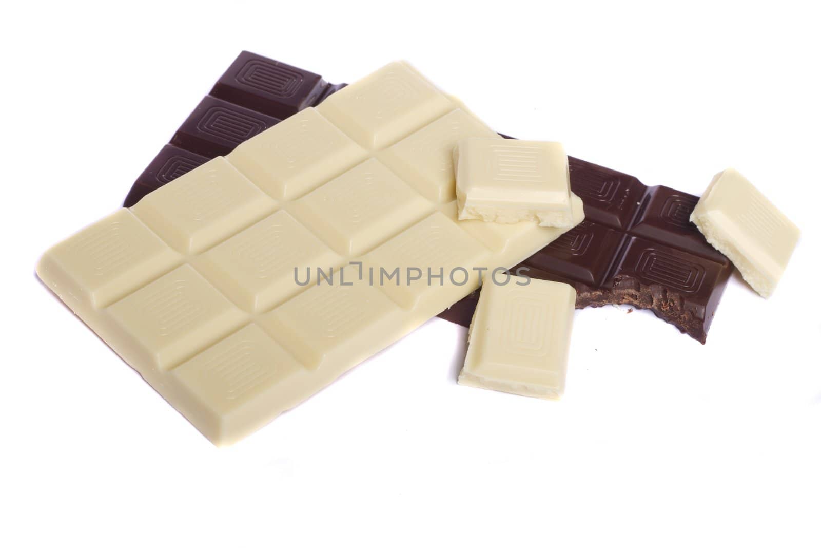 Close view of a dark chocolate bar isolated on a white background.
