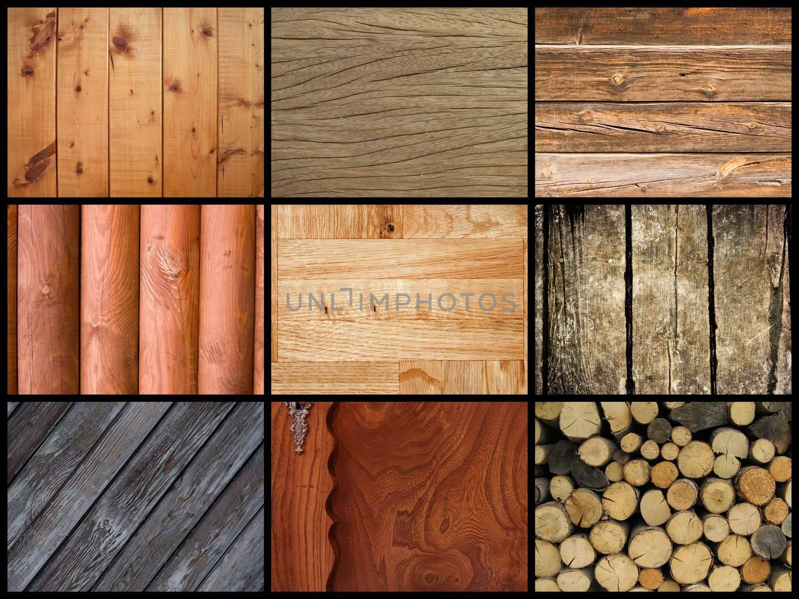 A collage of nine wood texture backgrounds