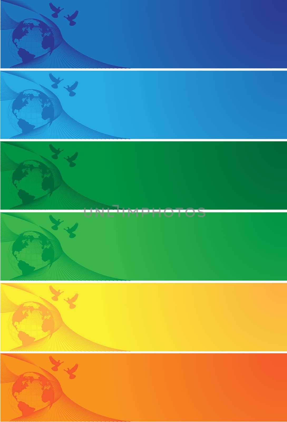 set of colored banners with globes and birds
