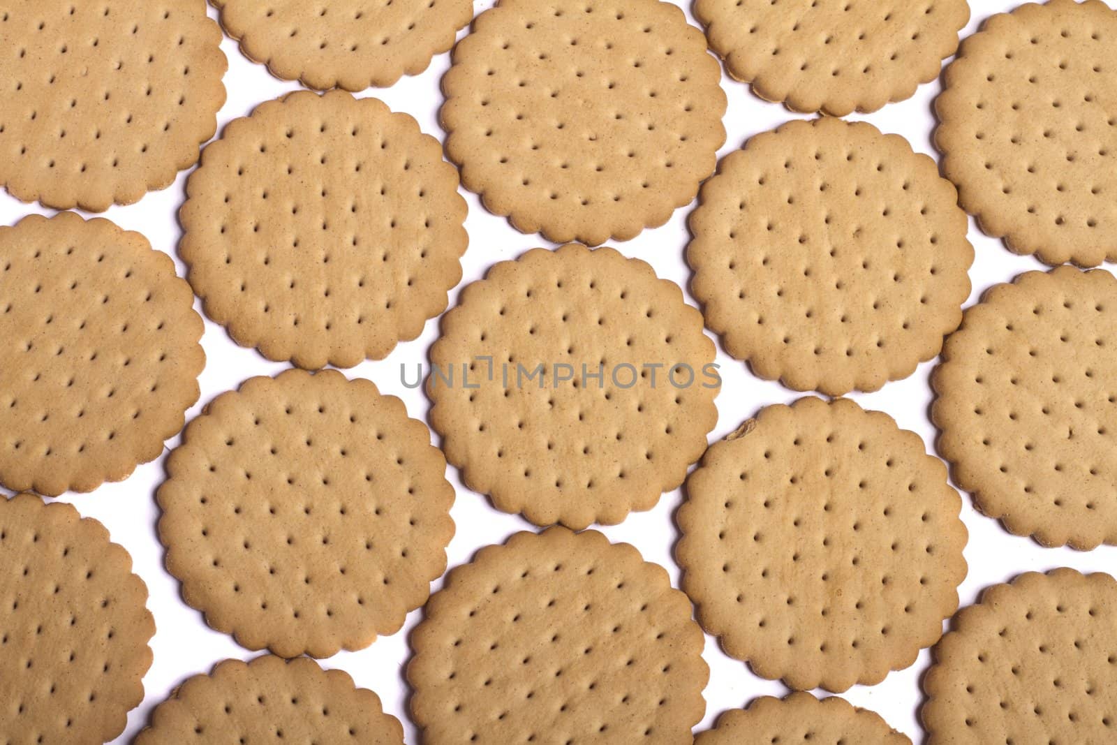 View of many round biscuits isolated on a white background.