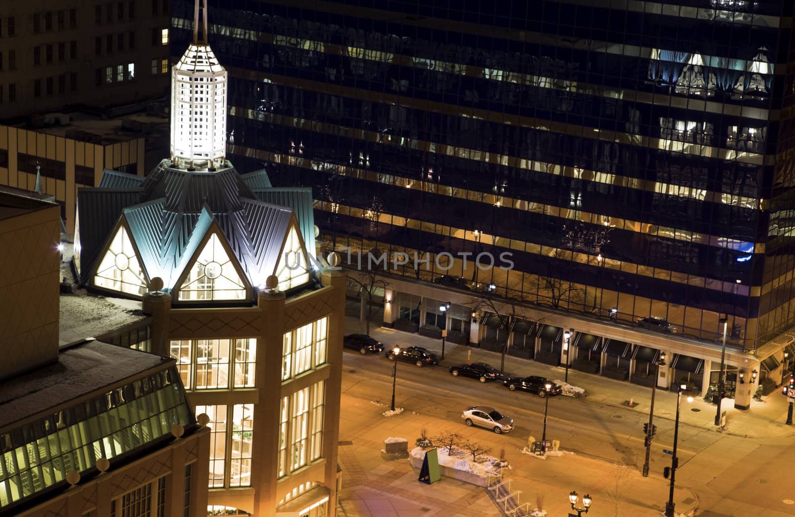 Night in Milwaukee. Aerial street photo.