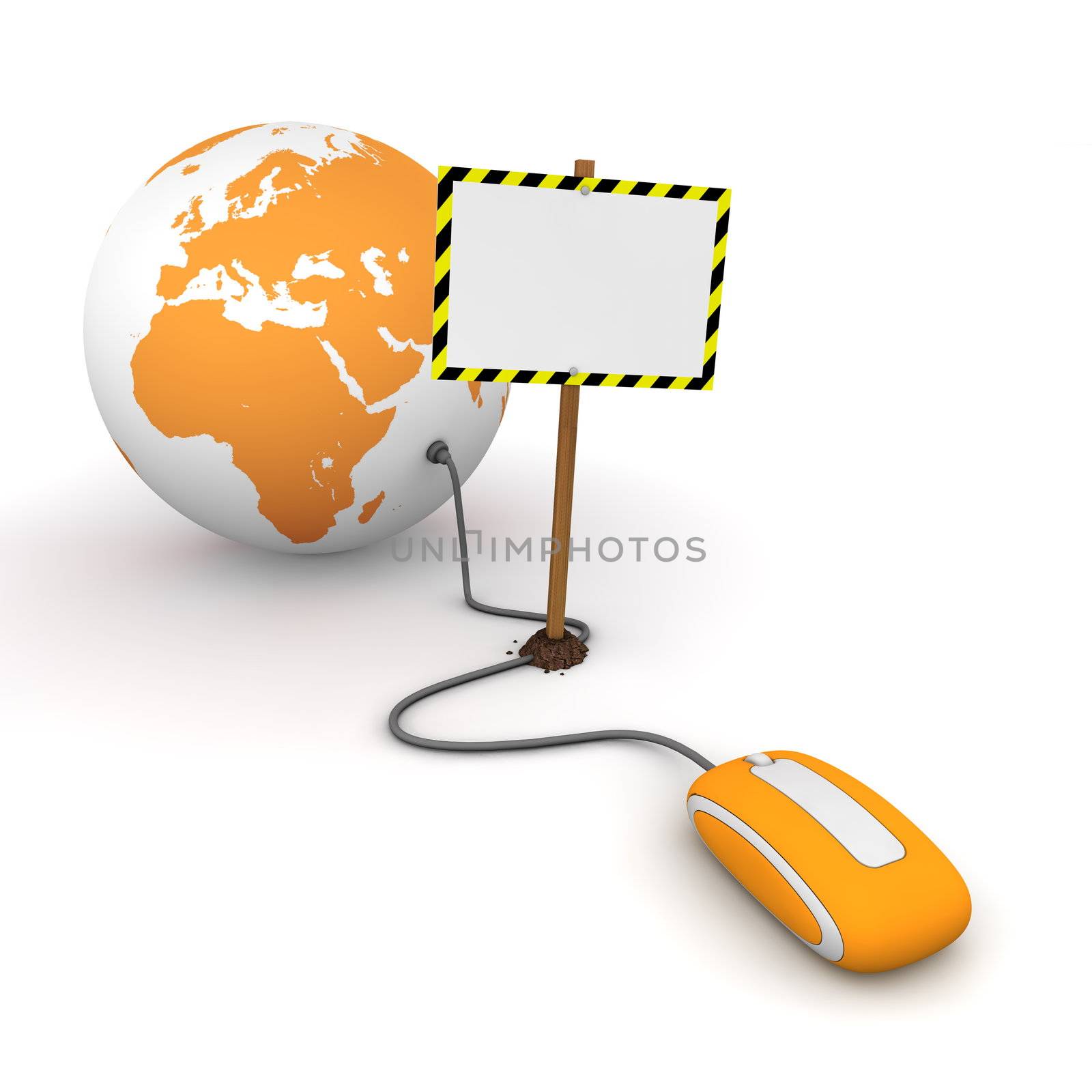 orange computer mouse is connected to a orange globe - surfing and browsing is blocked by a white rectangular sign that cuts the cable - empty template with yellow and black warning stripes