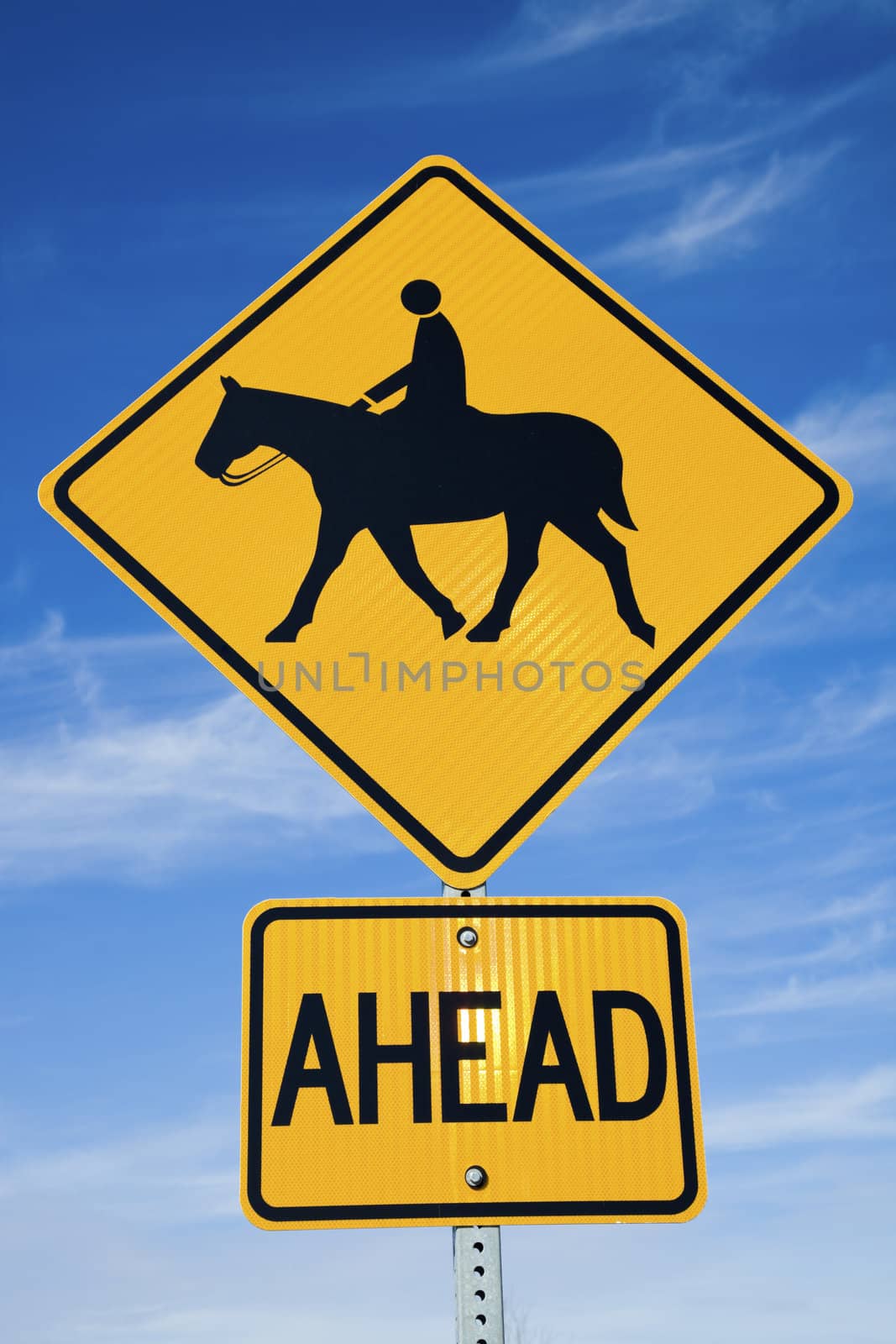 Horseback Riding sign against blue sky.