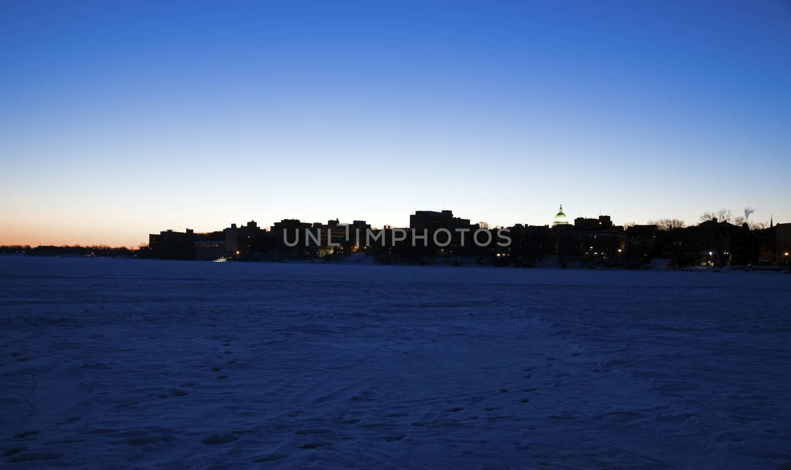 Downtown Madison silhouette - seen from frozen Lake Mendota.