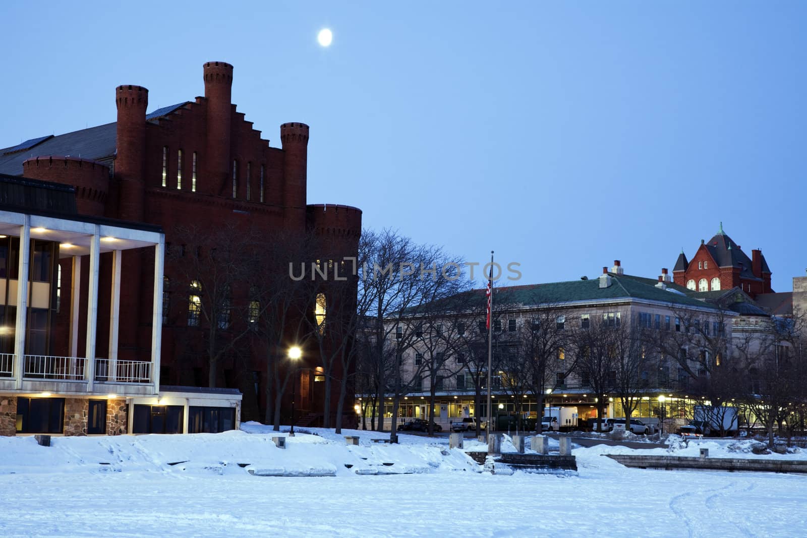 University of Madison buildings seen from frozen Lake Mendota.