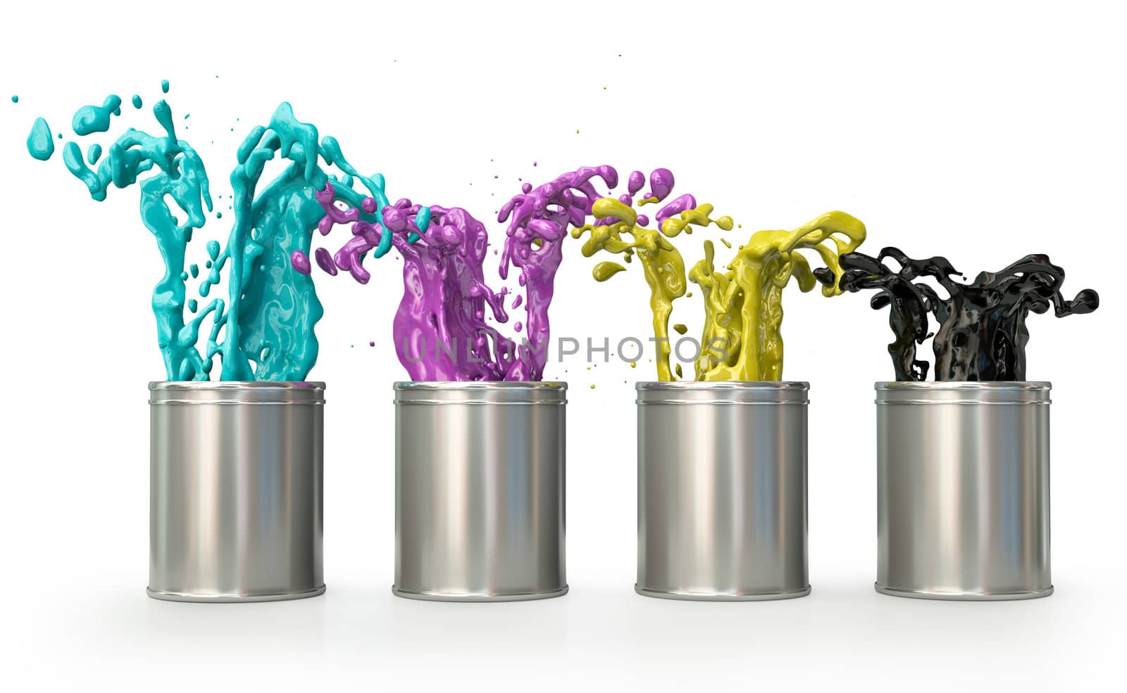 Cans with CMYK paints splashing out. 3D render.