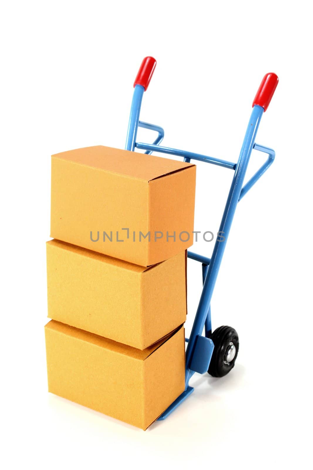 a sack truck and packing boxes on a white background