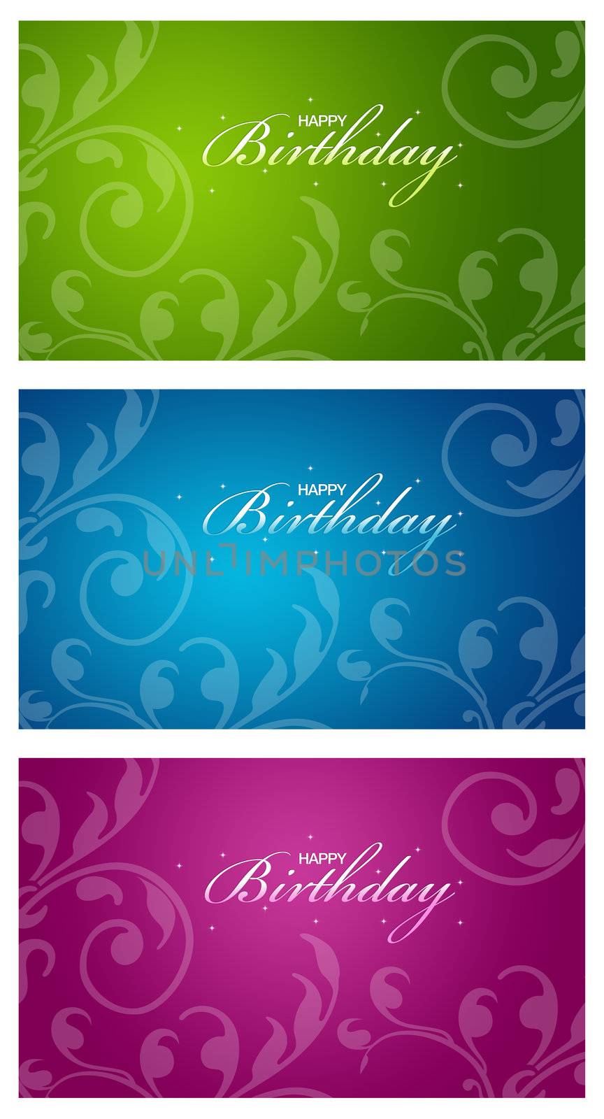 A series of colorful birthday cards with floral elements.