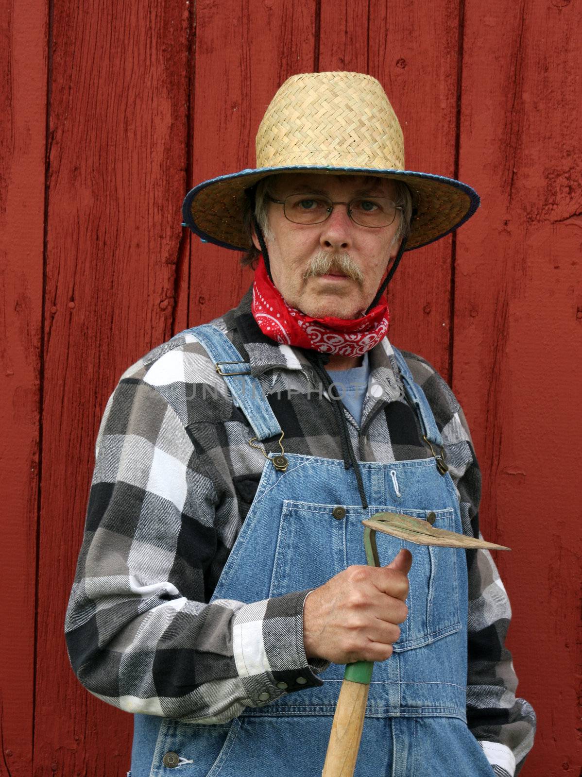 farmer holding a garden hoe wearing bib overalls with a barnboard background in vertical format