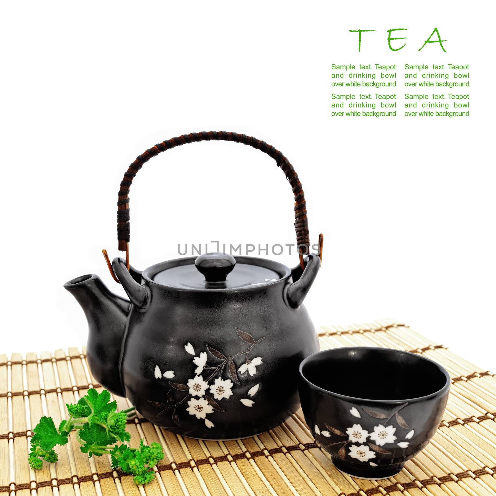 chinese tea ceremony at bamboo mat over white, copyspace for your text