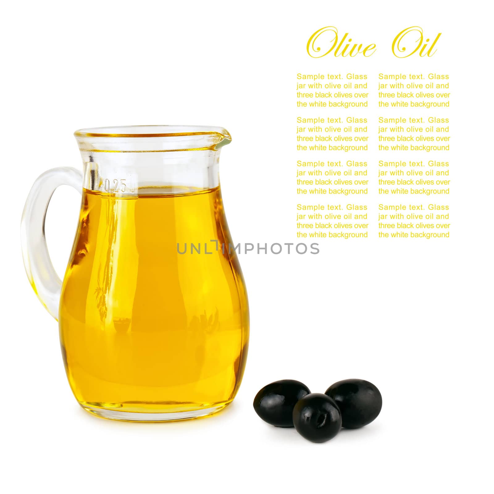 olive oil in glass jar and black olives over white background,copyspace for your text