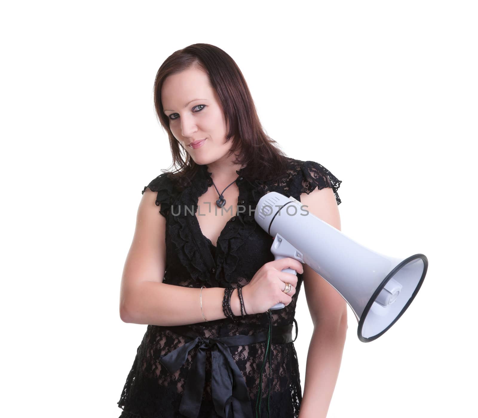 young woman wiht megaphone or bullhorn by clearviewstock