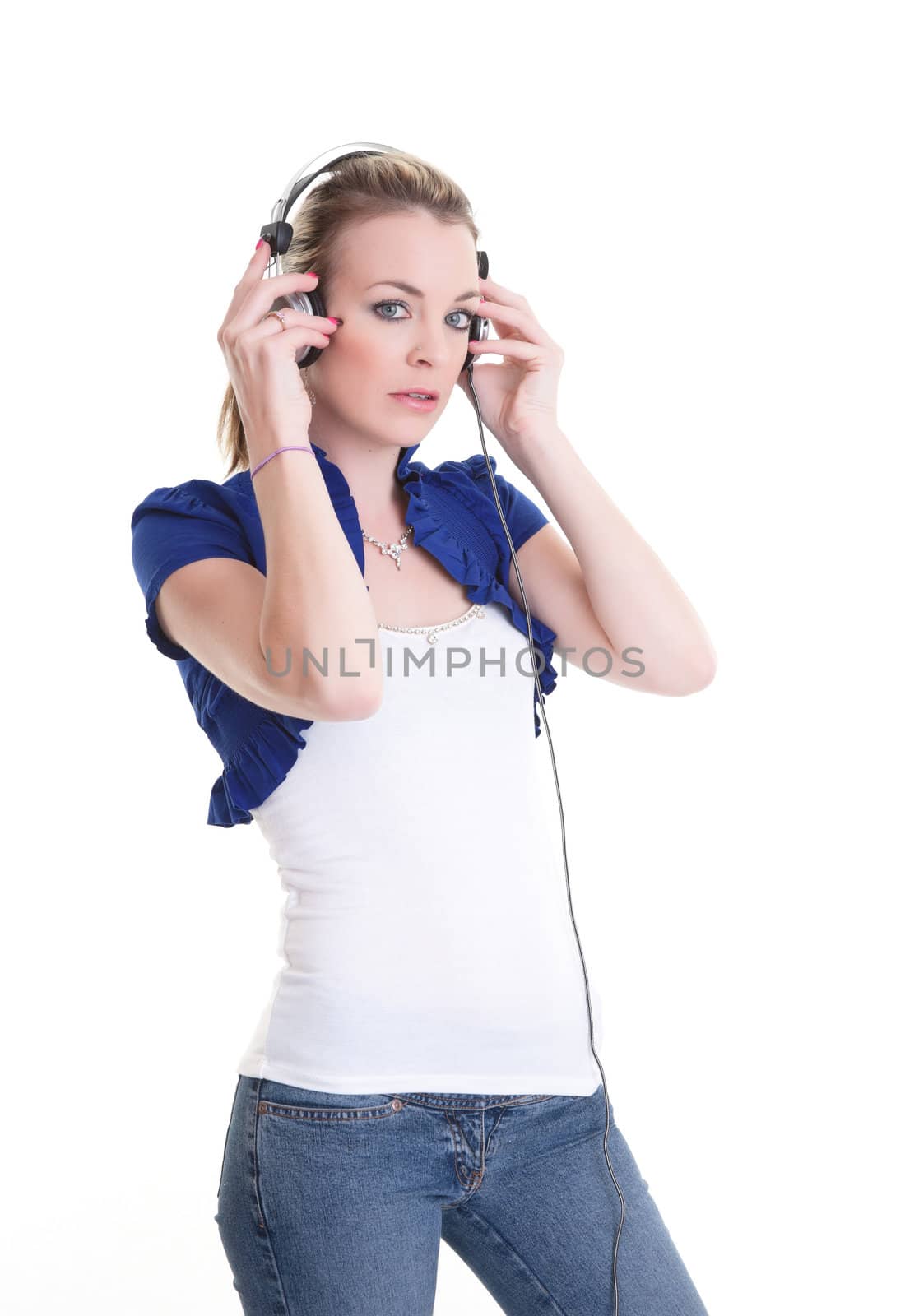young woman listening to music on heaphone isolated on white background