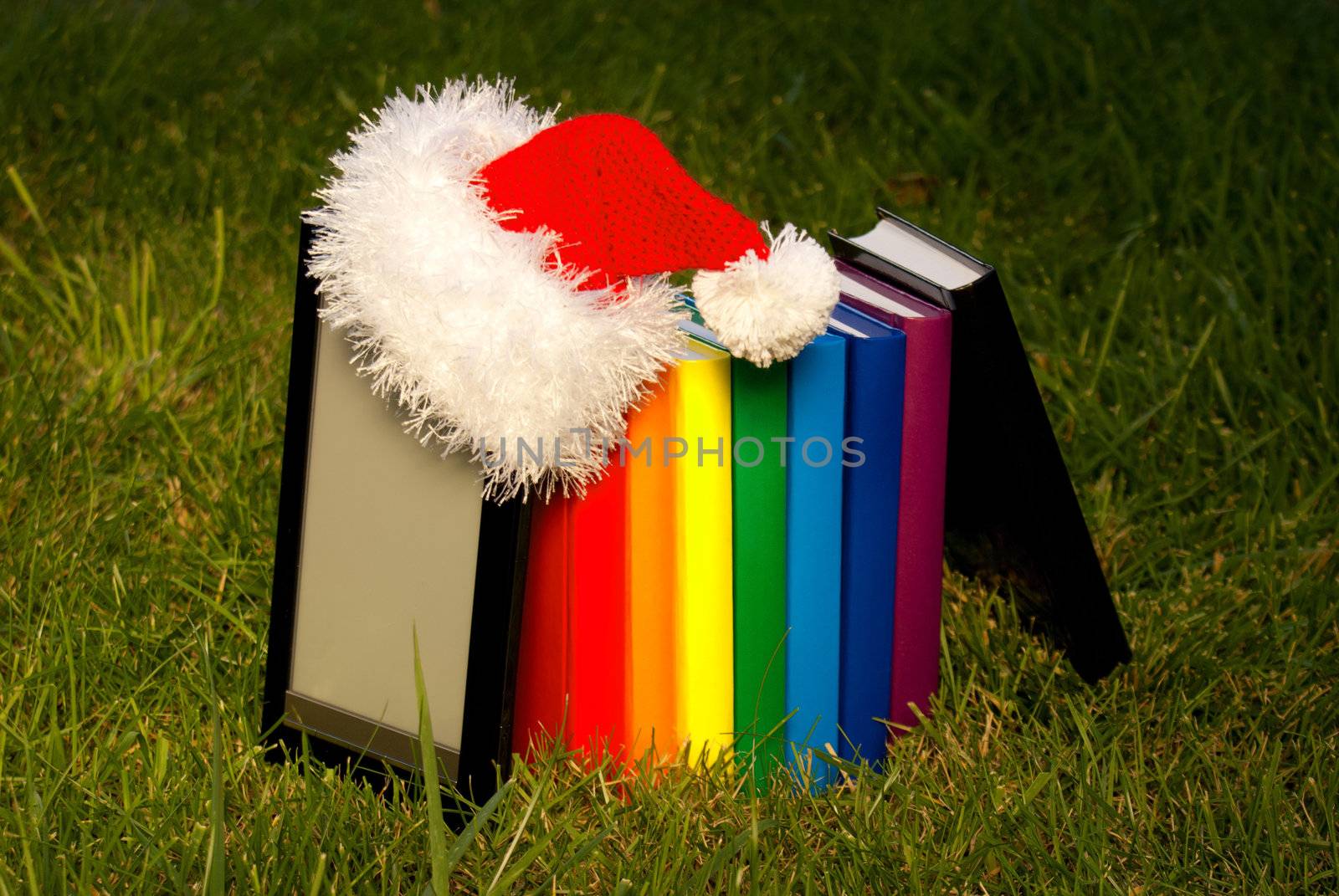 Electronic book reader wearing Santa's hat with row of books