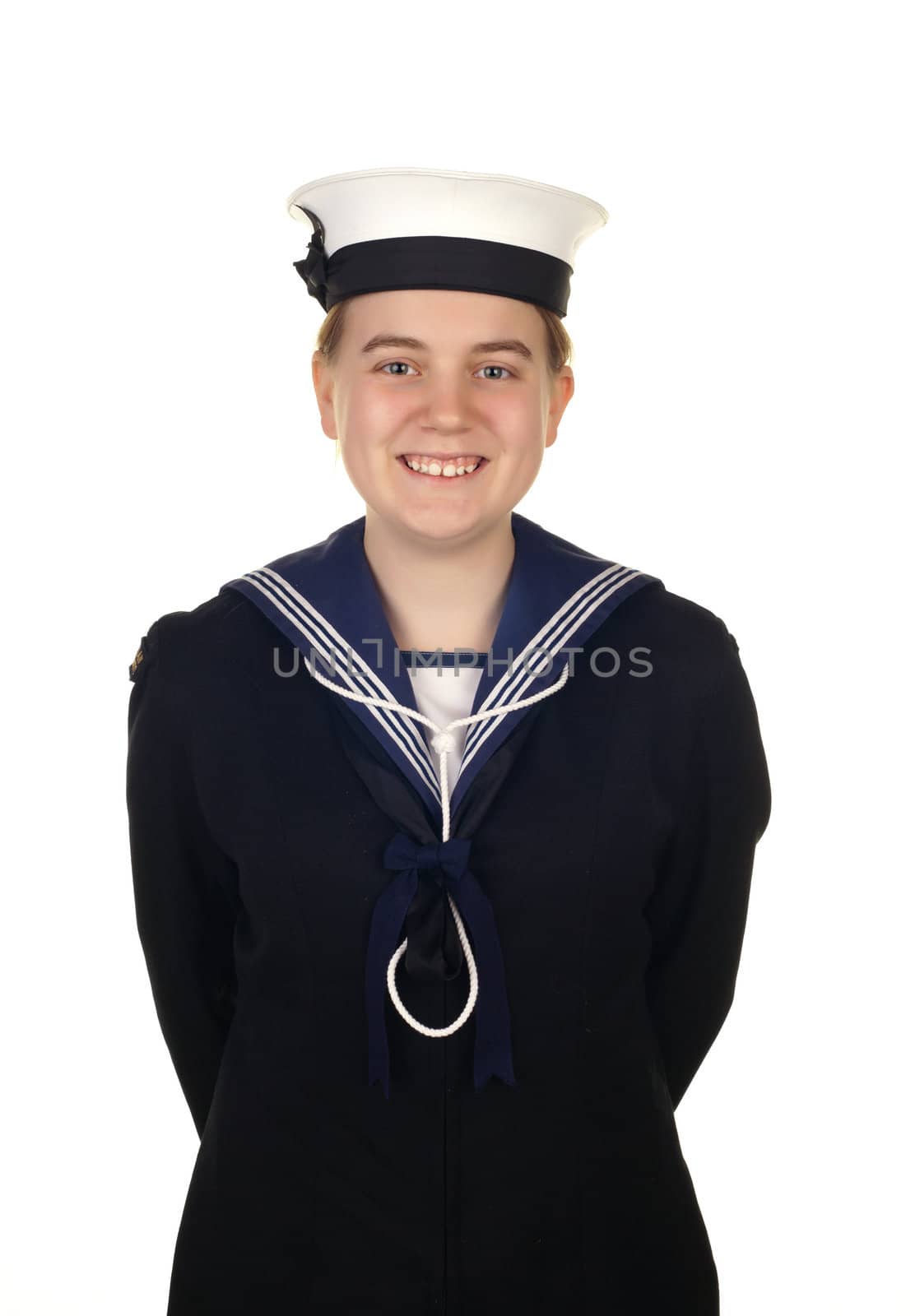 young smiling navy sailor isolated on white background