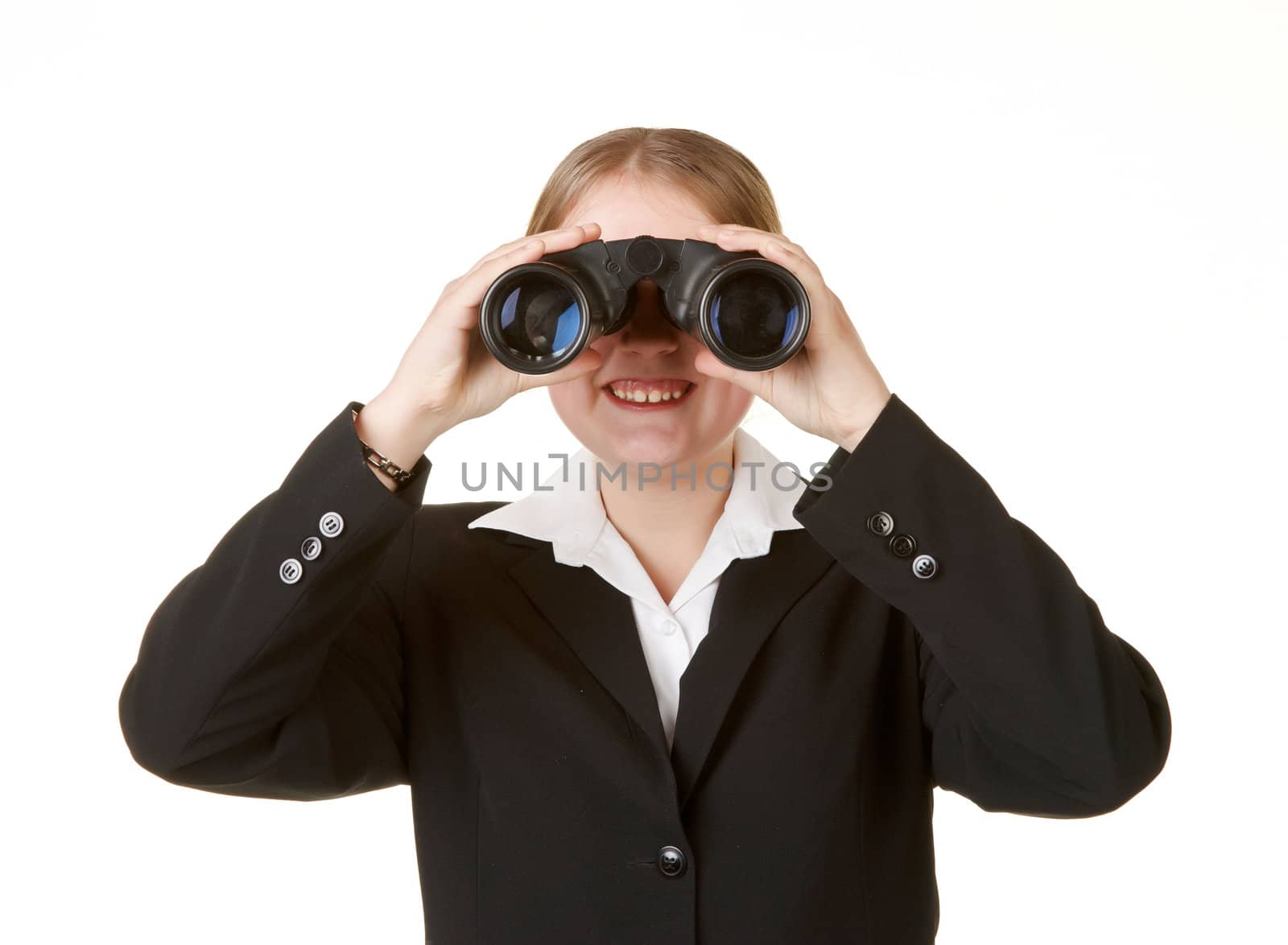 young business woman with binoculars isolated white background