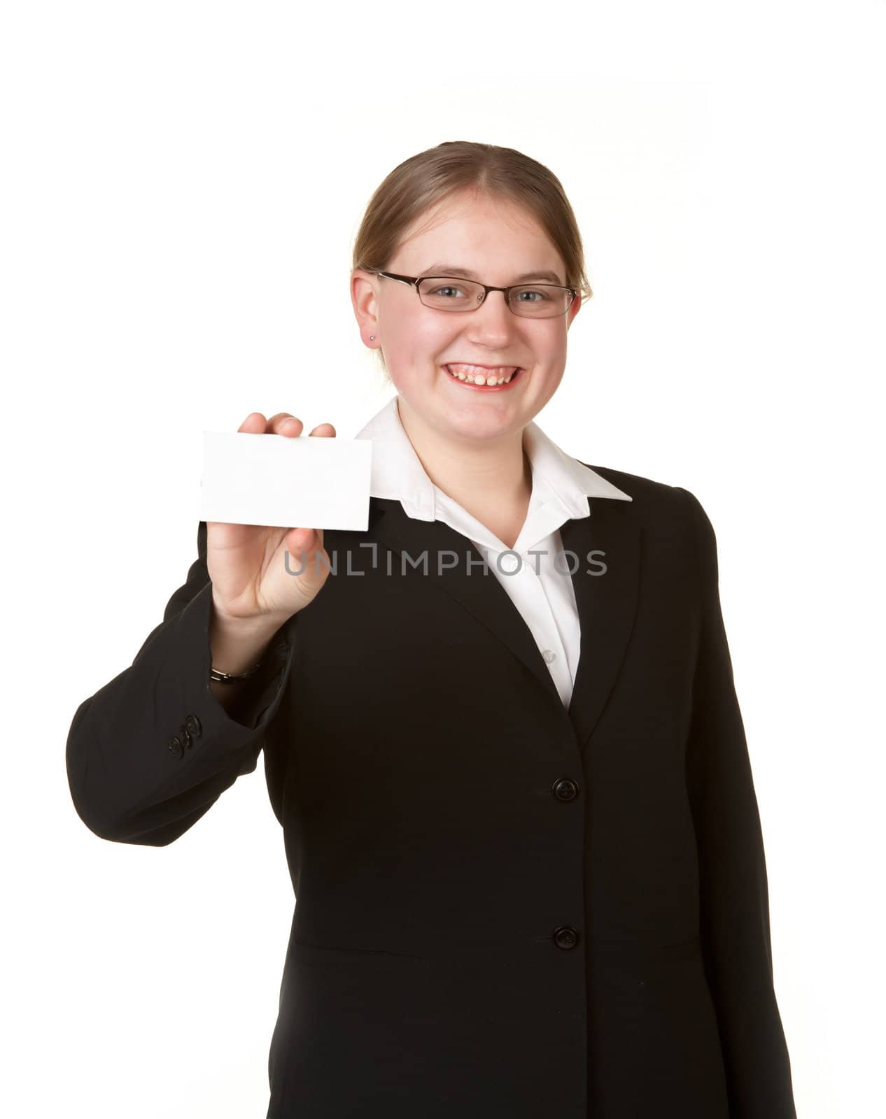young business woman holding card isolated white background