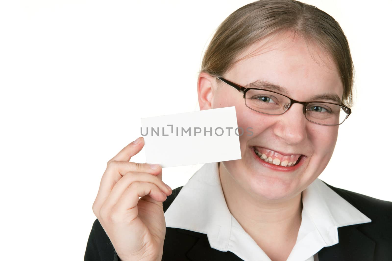 young business woman holds up a blank businesscard