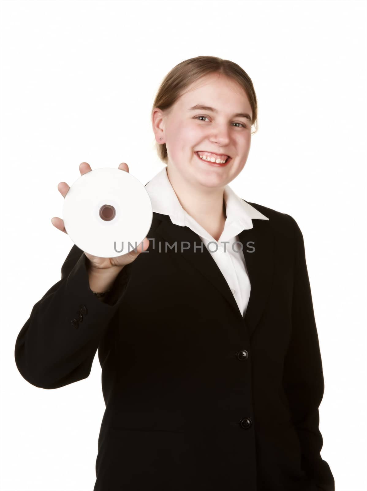 high key image of a young business woman holding cd or dvd