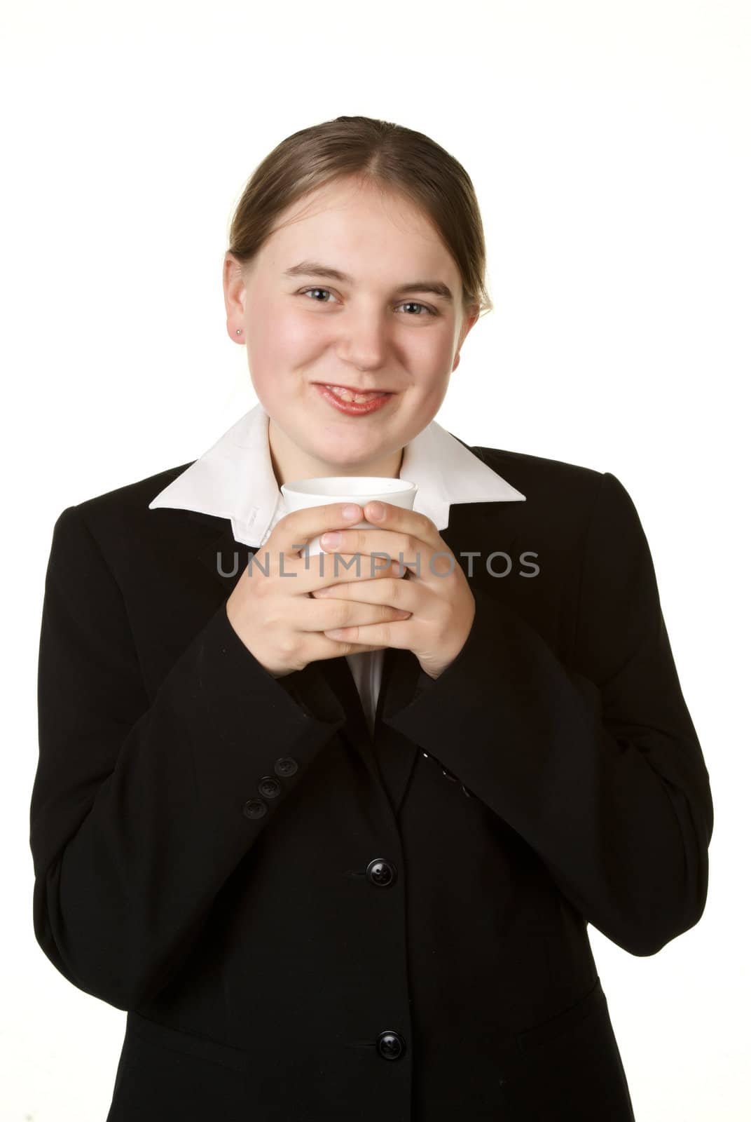 young business woman with coffee isolated on white background
