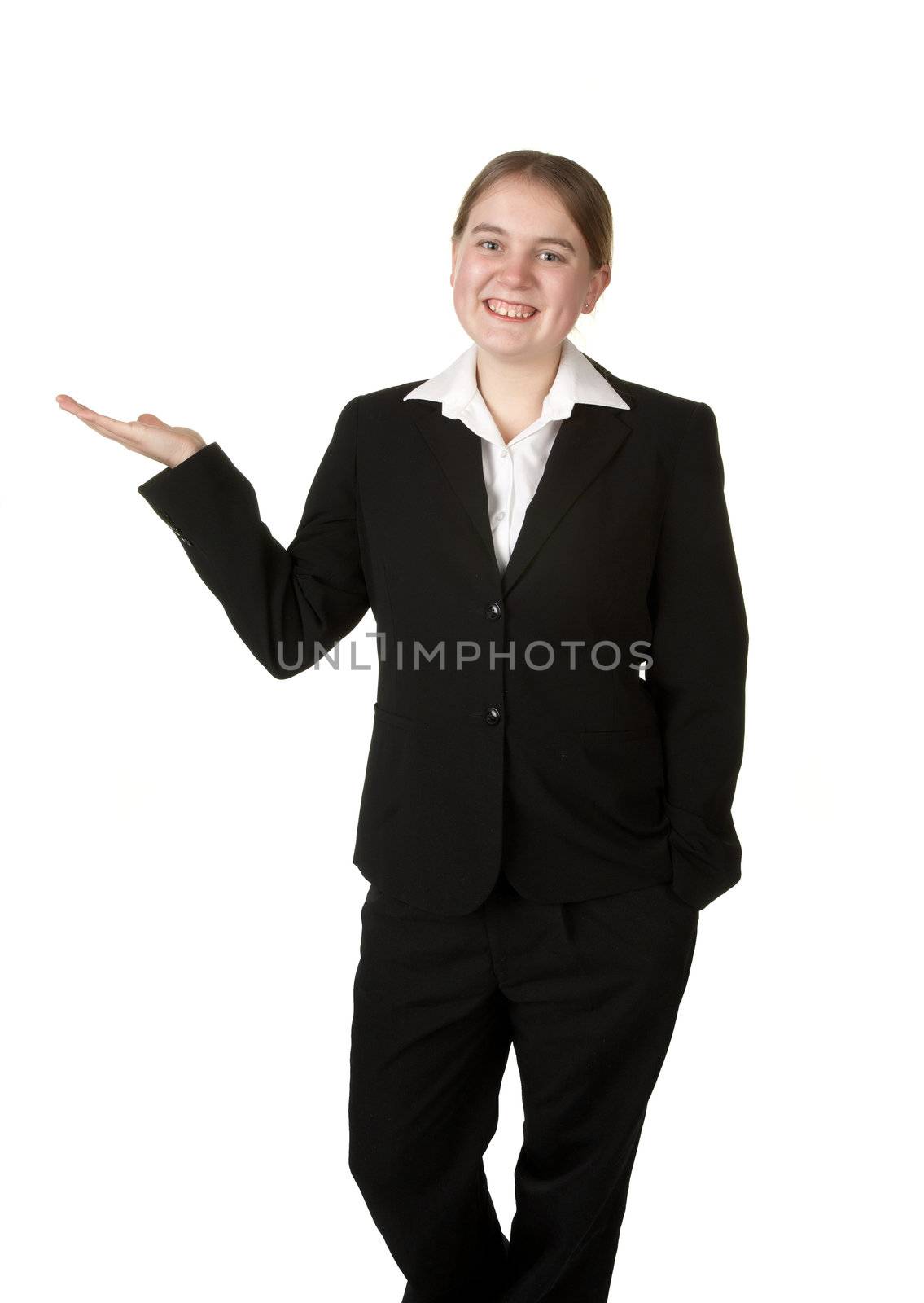 young business woman with hand out in copyspace