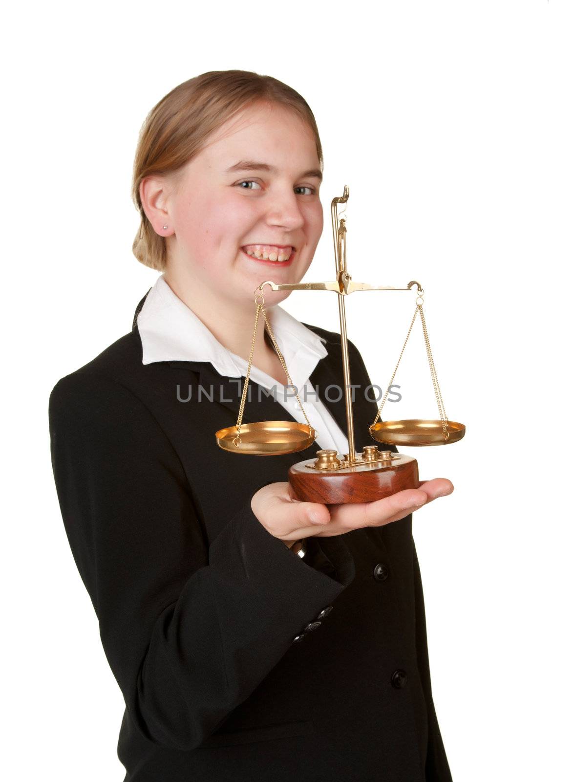 young lawyer woman with scales isolated white background