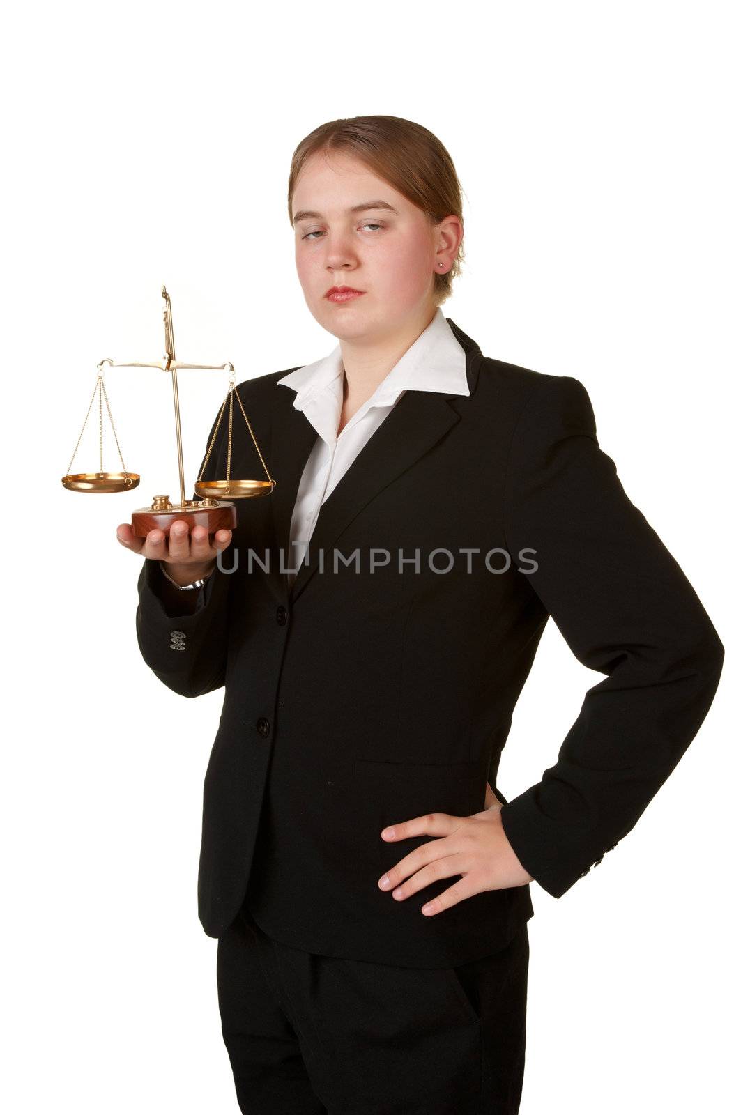 young stern lawyer woman with scales isolated white background