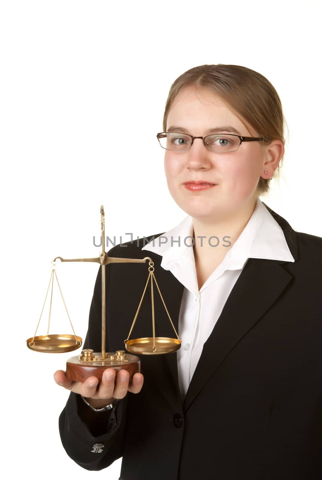 young female business lawyer with scales isolated on white background