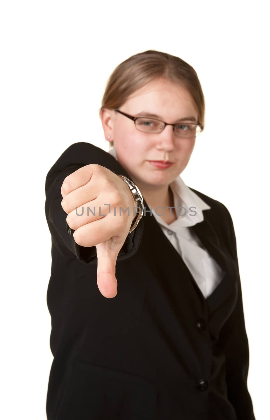 thumbs down from young business woman isolated on white background