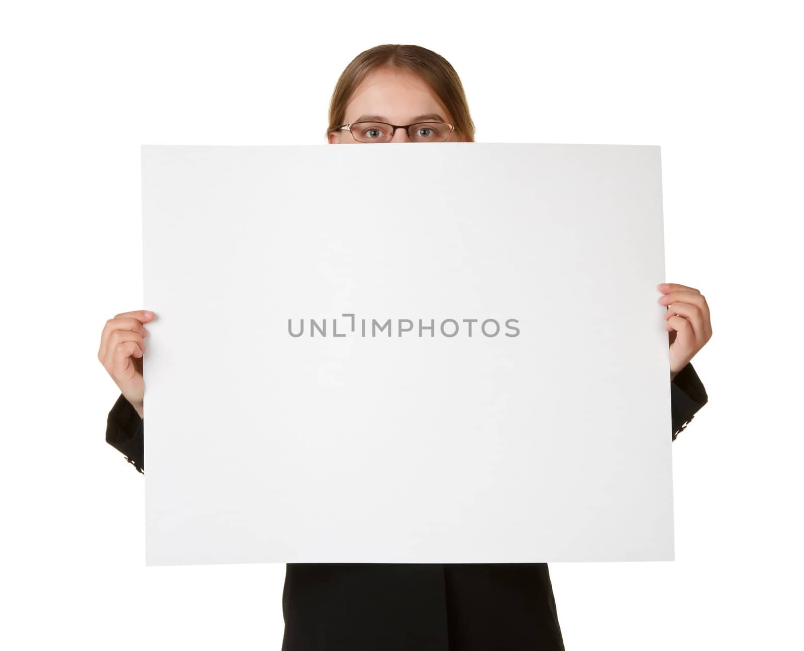 young business woman with white card isolated white background