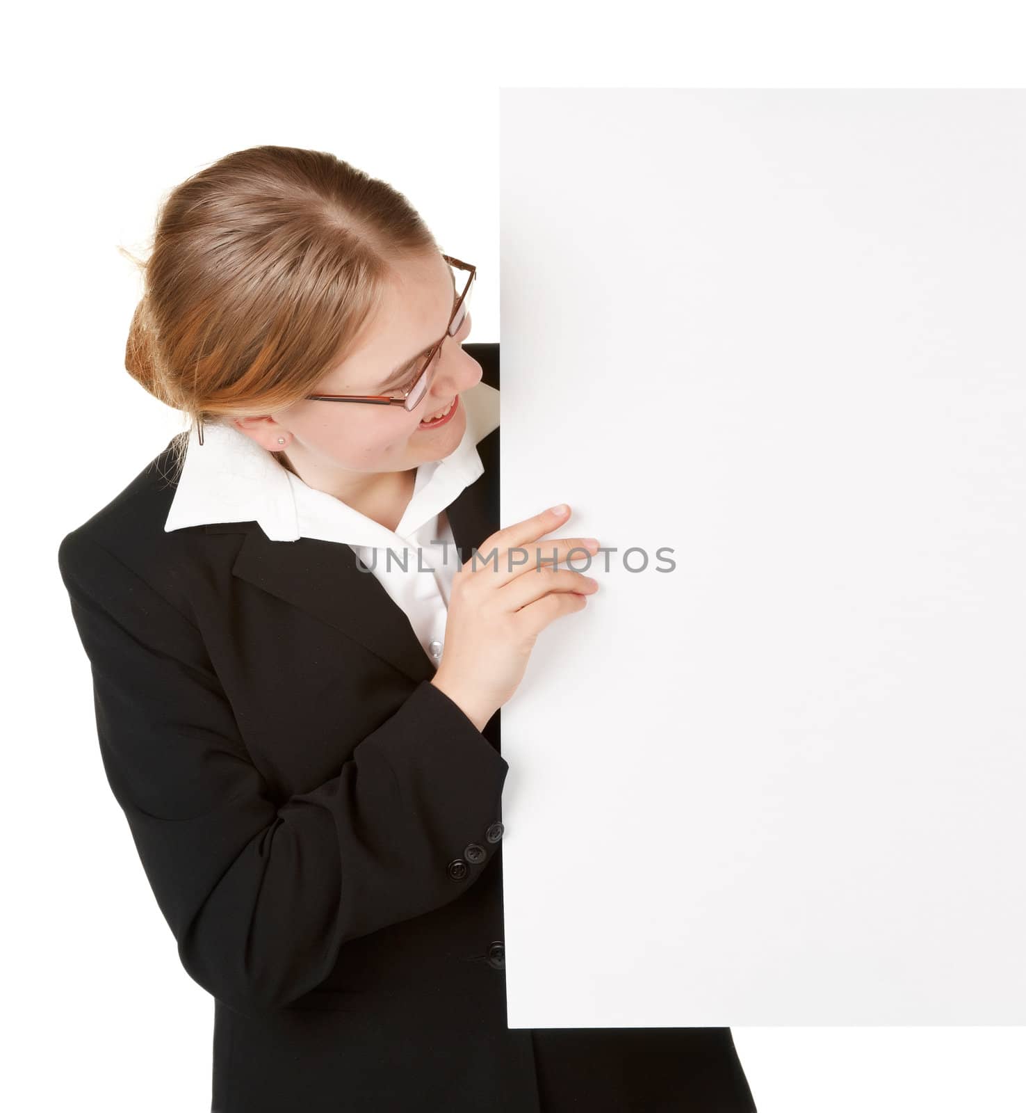 young business woman with sign board isolated on white background