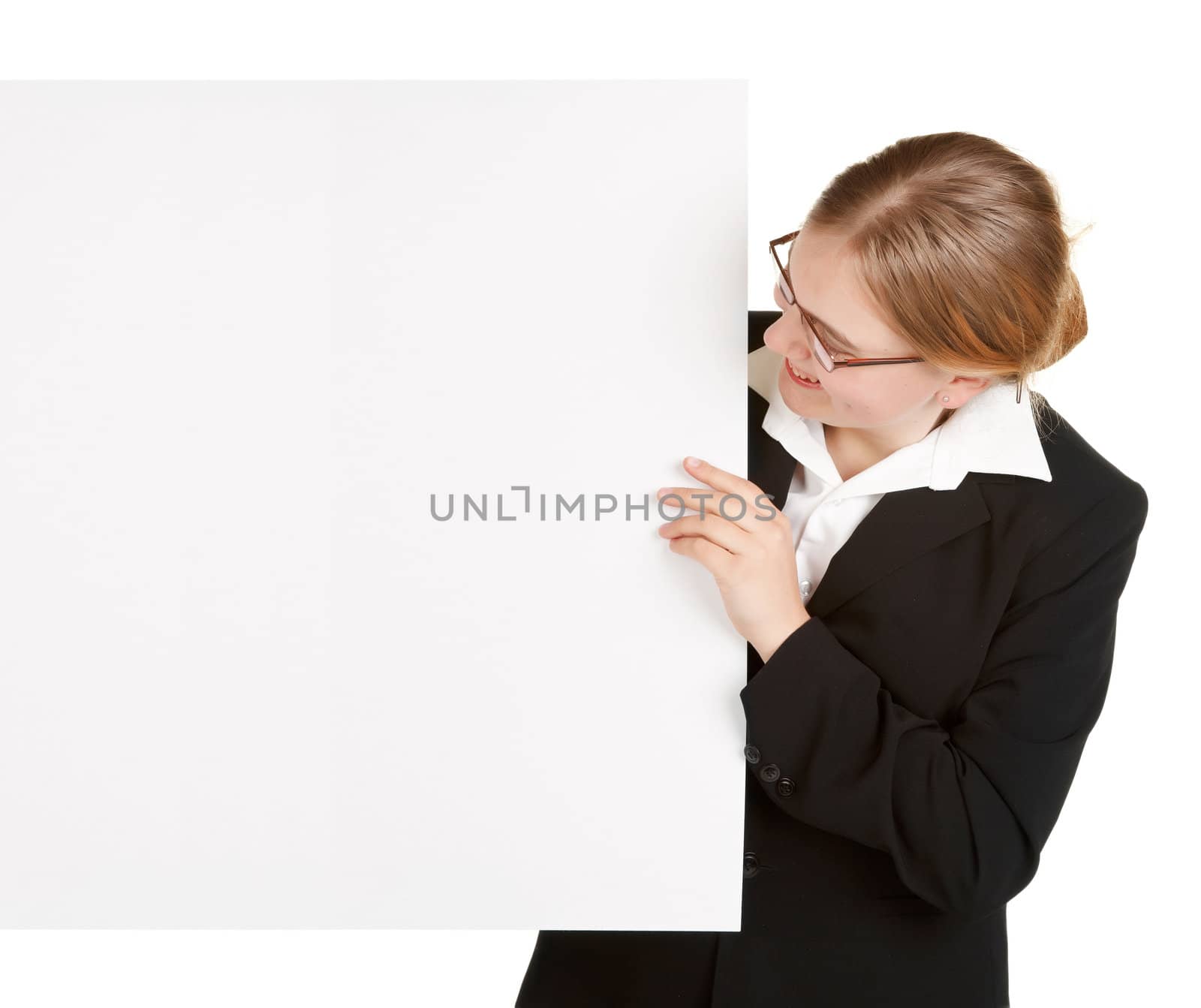 young business woman with sign board isolated on white background