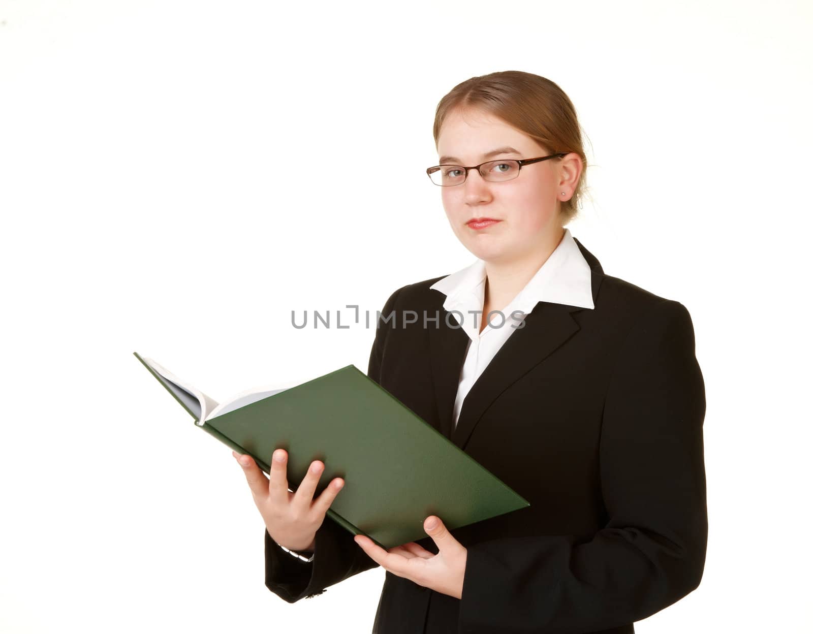 young business woman with ledger book isolated on white background